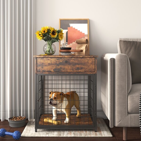 Furniture Style Wood,with Dog Crate,End Table with Storage Console(Rustic Brown; 19.69''w x 22.83''d x 26.97''h) - 26.97