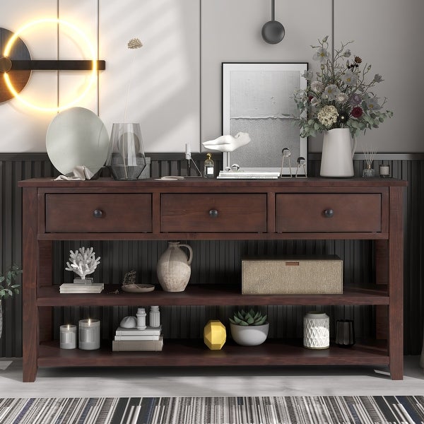 Retro Design Console Table with Two Open Shelves, Pine Solid Wood Frame and Legs for Living Room