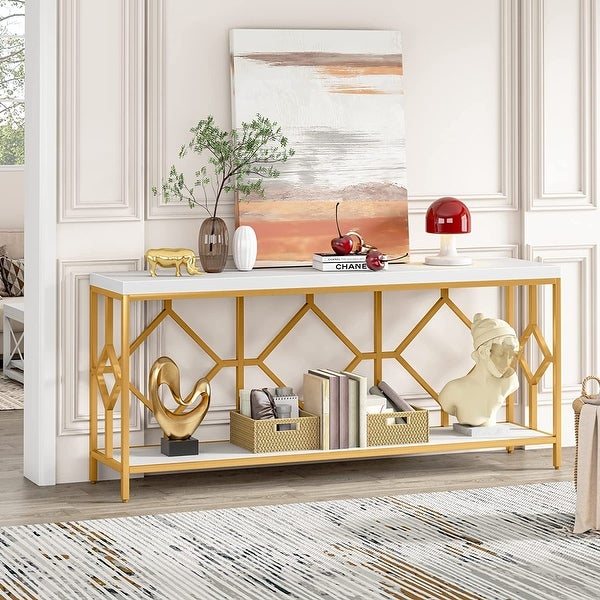 71 Inch Extra Long Console Table, Industrial Narrow Sofa Table Entry Table Behind Couch Table with Open Storage Shelf