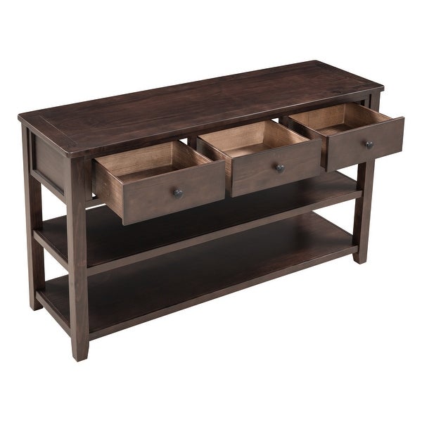 Retro Design Console Table with Two Open Shelves, Pine Solid Wood Frame and Legs for Living Room