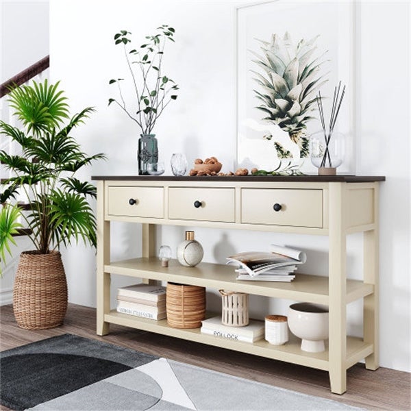 Retro Solid Wood Console Table,3 Top Drawers and 2 Open Shelves Table - 50“L x 16”W x 30”H