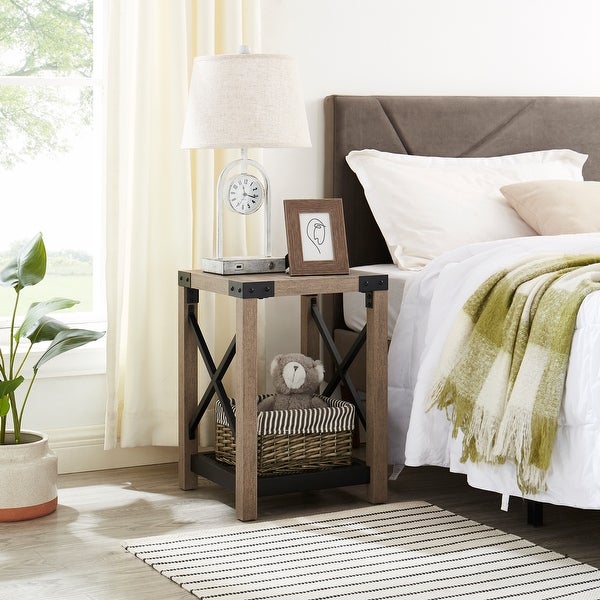 Farmhouse Wood Side Table, Nightstand with Mesh Shelf