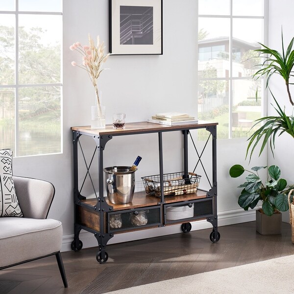 Industrial Console Table with Drawer and Storage Shelf, 4-Foot Wheels, Brown