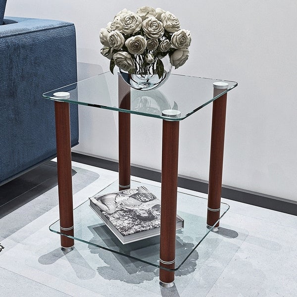 2-Tier Space Side Table with Glass Tabletop and Metal Legs