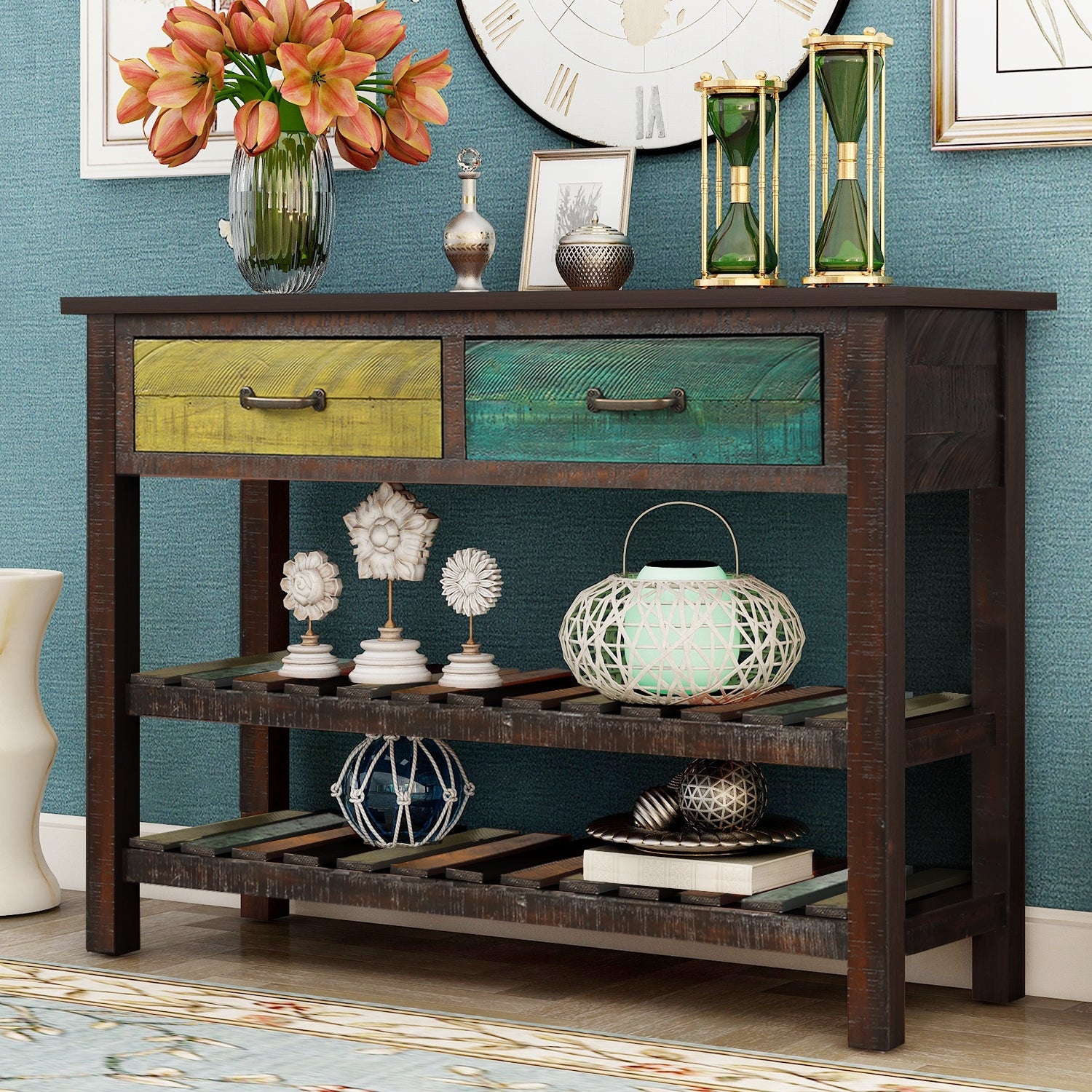 Retro Simplicity Console Table with 2 Drawers and 2 Open Shelfs, Entryway Table with Distressed Finish for Entryway Living Room