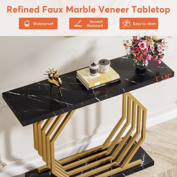 Gold Console Table, Faux Marble Entryway Table Narrow Sofa Table, 40 Inch Modern Accent Table Entrance Table for Living Room