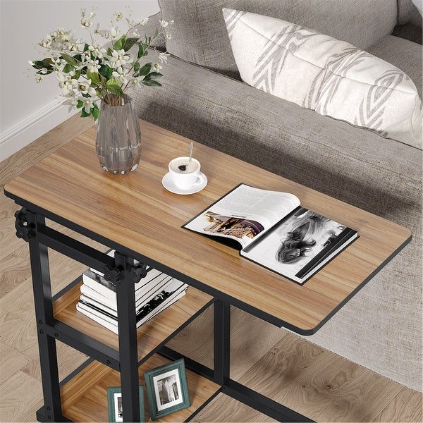 Height Adjustable C Table, Sofa Side Tables, Mobile End Table with Storage Shelves
