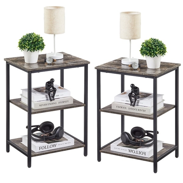 Set of 2 End Table With Wood Storage Shelf, 3-Tier Bedside Sofa Side End Table Storage Display Shelf
