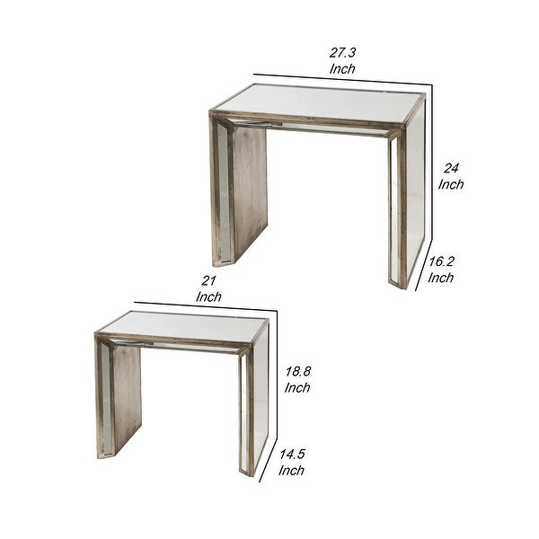 27, 21 Inch Nesting Side Table Set of 2, Mirrored Wood Frame, Silver