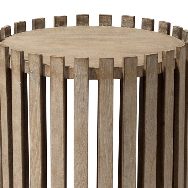 Side Table with Slatted Design Drum Silhouette, Washed brown