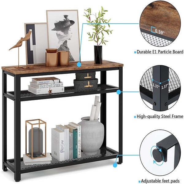 Console Table, Entryway Hallway Table with 2 Mesh Storage Shelves,Sofa Table Behind Couch