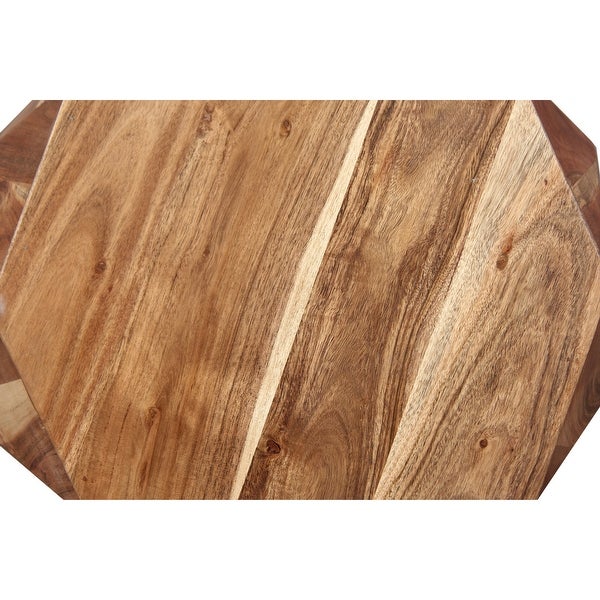 Bon 22 Inch Artisanal End Side Table, Multifaceted Solid Acacia Wood, Octagon Top, Natural Brown