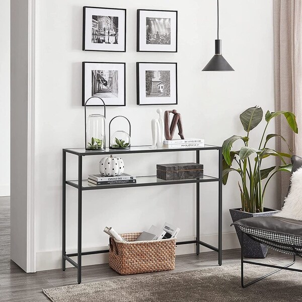 Console Table, Modern Sofa or Entryway Table, Tempered Glass Table, Metal Frame, 2 Shelves, Adjustable Feet, for Living Room