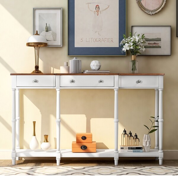 Solid Wood Console Table, Classic Entryway Table With Storage Shelf And Drawer For Home