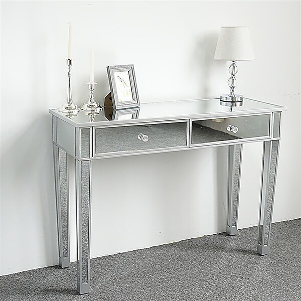 Mirrored 2-Drawer Media Console Table, Makeup Table Desk Vanity for Women Home Office Writing Desk Smooth Matte Silver Finish