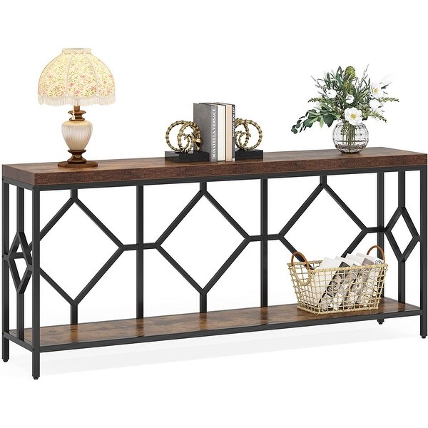 71 Inch Extra Long Console Table, Industrial Narrow Sofa Table Entry Table Behind Couch Table with Open Storage Shelf