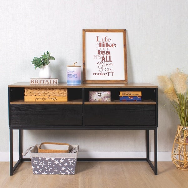 Console Sofa Table with 2 Open Shelves and 2 Drawers for Living Room, Brown (47.24''x15.75''x29.13'')