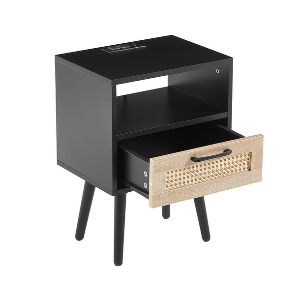 Modern Side table with Drawer and Solid Wood Legs,Rattan Nightstand with Power Outlet and USB Ports