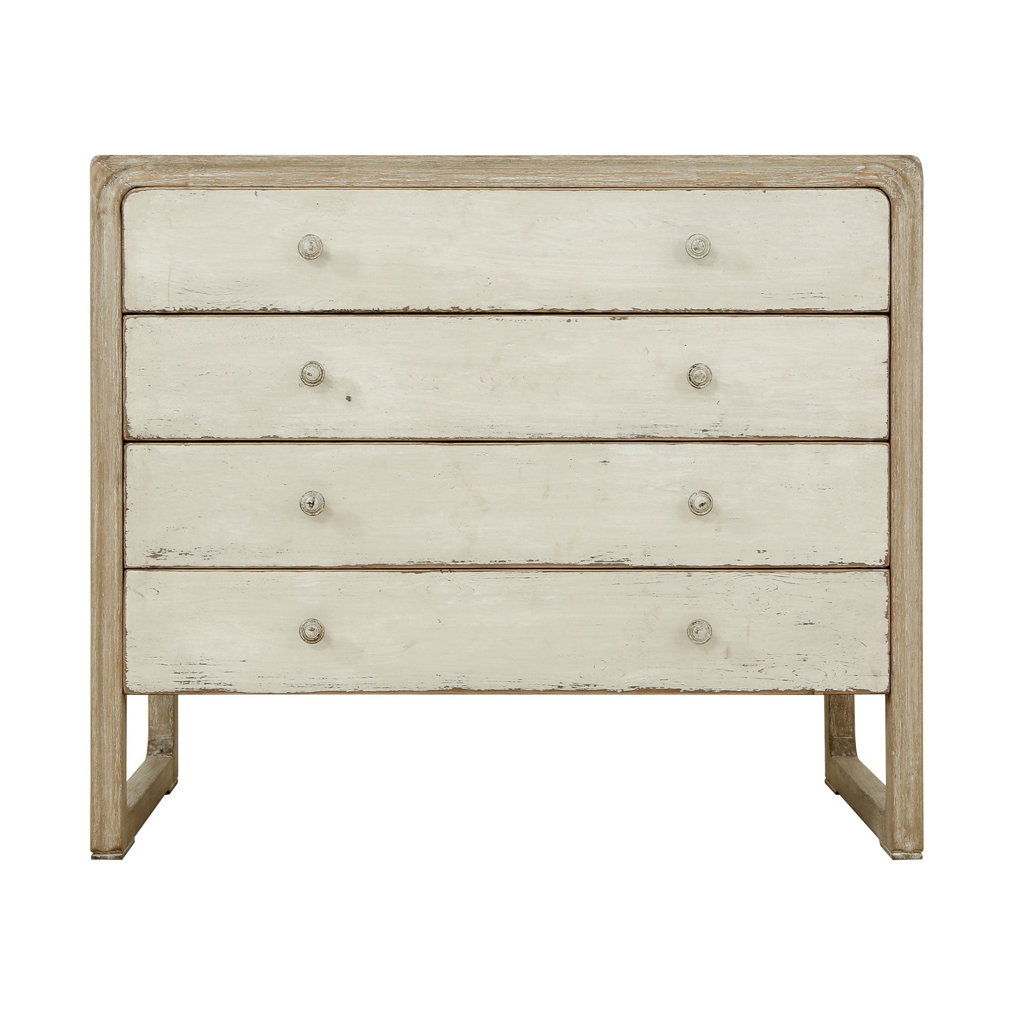 Artissance Reclaimed Wood Peking Side Table With 4 Drawers and Antique Off White Finish, 35 Inch Tall