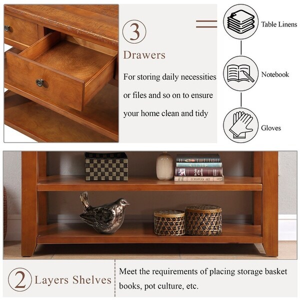 48'' Solid Pine Wood Top Console Table, Modern Entryway 3-drawer Sofa Side Table