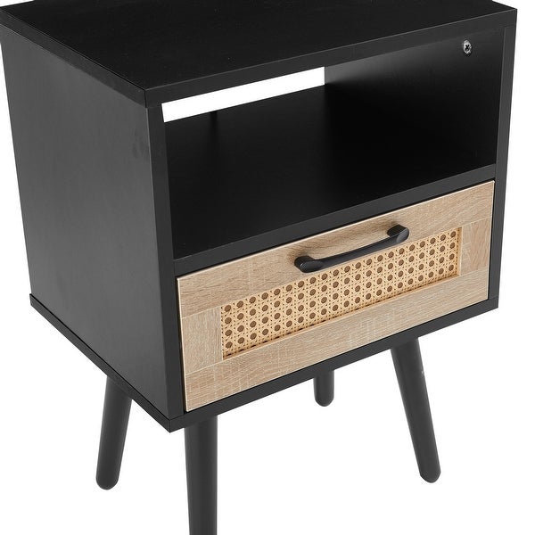 Modern Rattan Side table/Nightstand with 1 Shelf,1 drawer and 4 Solid Wood Legs