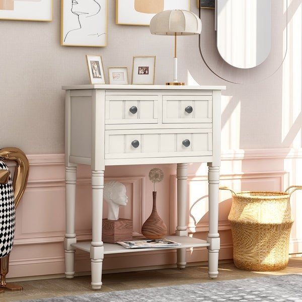 Narrow Console Table with 3 Storage Drawers and Black Round Deco Knobs, Slim Sofa Table with Bottom Shelf, Ivory