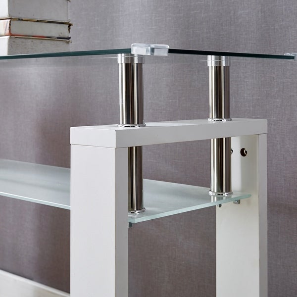 MDF Console Table, Tempered Glass Top, Modern Foyer Area Table, Wide High-Gloss MDF Legs