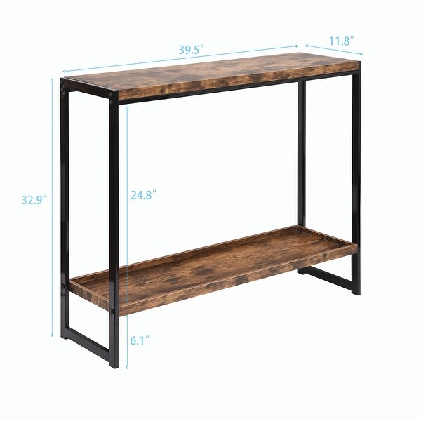Rustic 2-tier Console Table Side Table with Metal Frame, Brown and Black