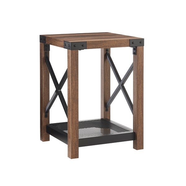 Farmhouse Wood Side Table, Nightstand with Mesh Shelf