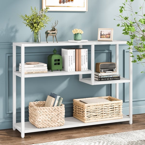 Console Table, 43 Inch Small White Entryway table with Storage Shelves