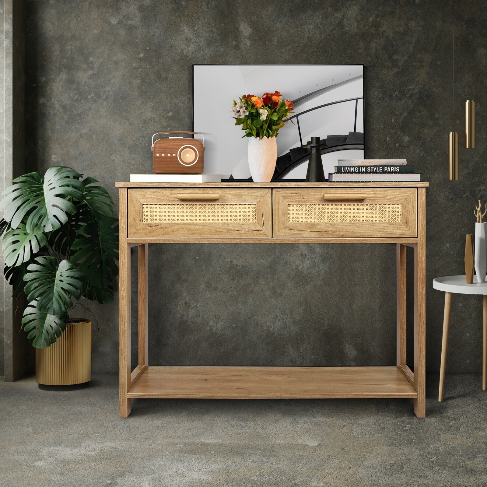Wooden Console Table with 2 Drawers and Open Bottom Shelf,Natural