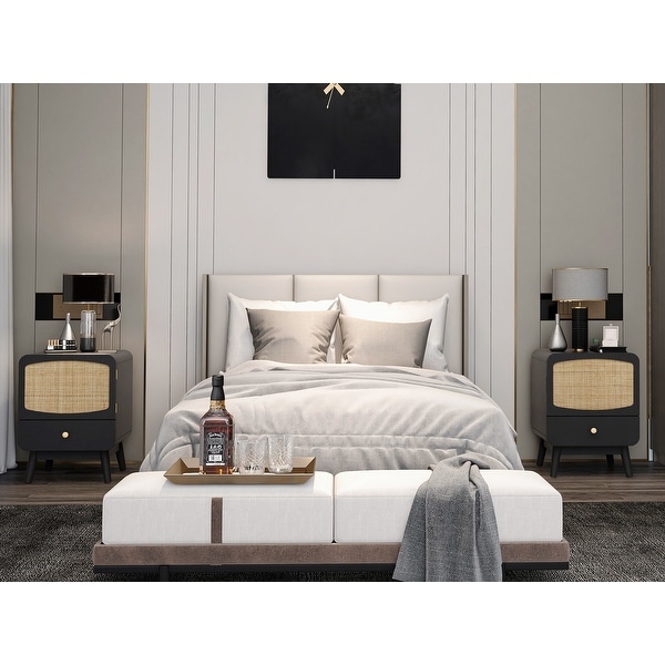 Black Nightstand, Bedside Table with Storage Drawe Rattan Door
