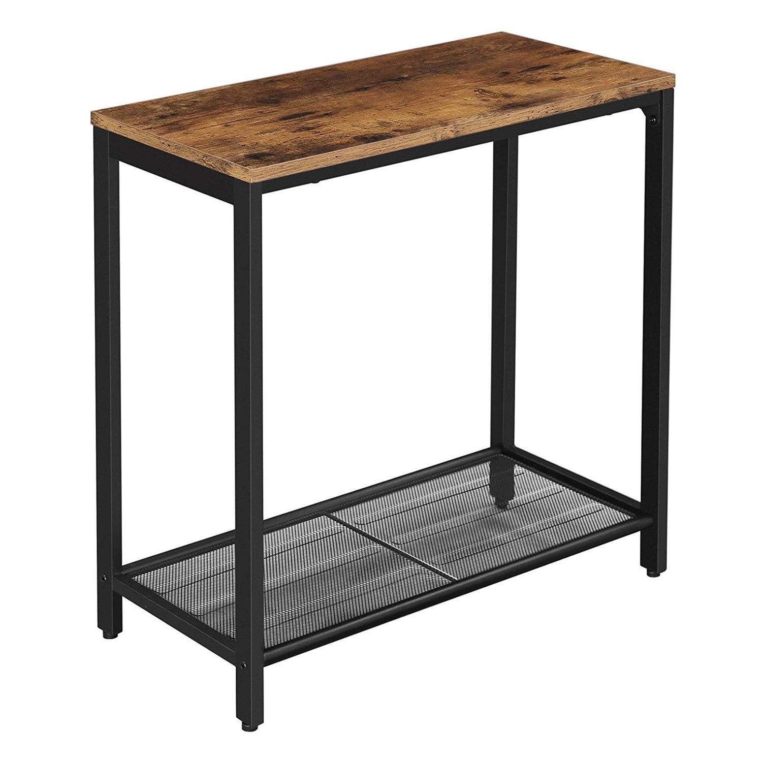 Industrial Wood and Metal Side Table with Open Mesh Shelf, Brown and Black - 23.6 H x 23.6 W x 11.8 L Inches
