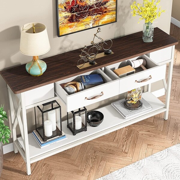 70.9 Inch Extra Long Console Table Sofa Table with Drawers,Walnut/White