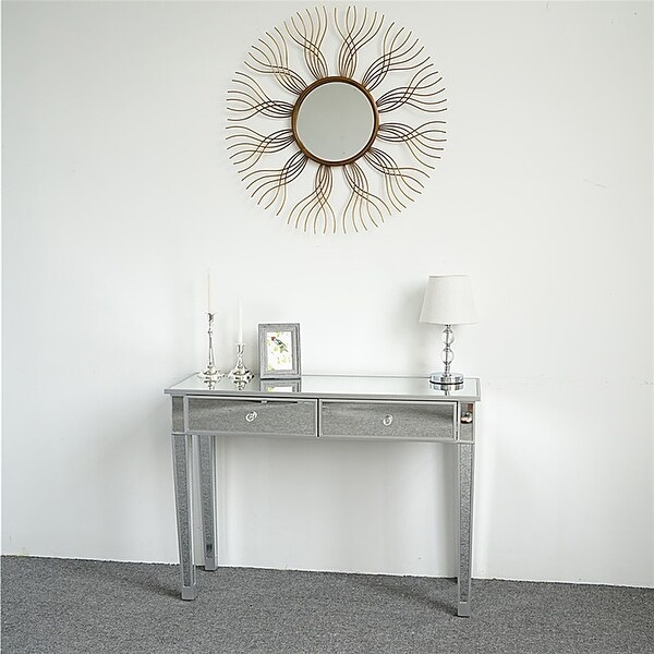 Mirrored 2-Drawer Media Console Table, Makeup Table Desk Vanity for Women Home Office Writing Desk Smooth Matte Silver Finish