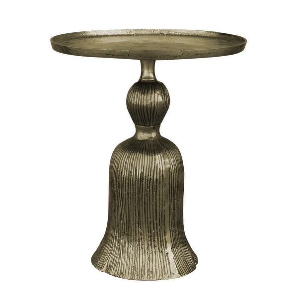 23 Inch Classic Vintage Accent Side Table, Round Tray Top, Aluminum, Pedestal Base, Ridges, Antique Brass