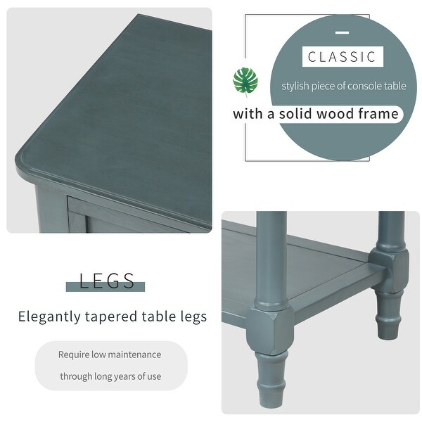 Narrow Console Table with 3 Storage Drawers and Black Round Deco Knobs, Slim Sofa Table with Bottom Shelf, Navy