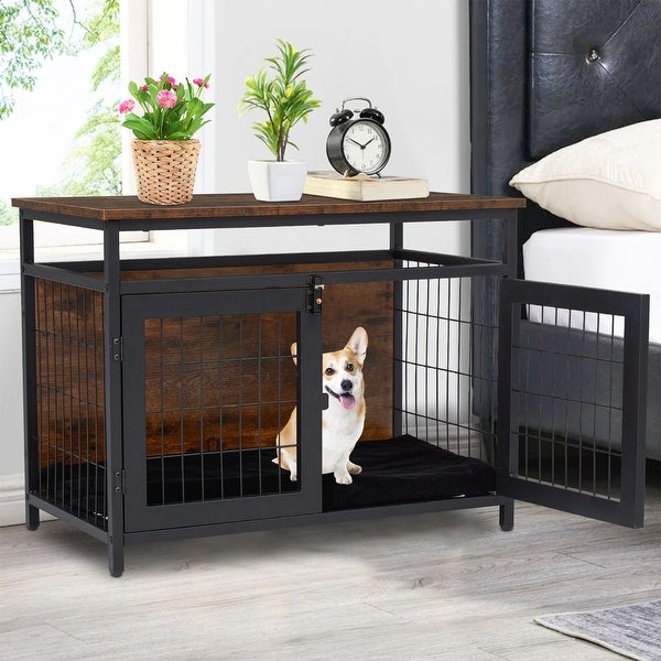 Dog Crate Furniture with Double Doors, Wooden Dog Crate, Indoor Dog Kennel w/ Metal Wire Mesh, Pet Crate End Table