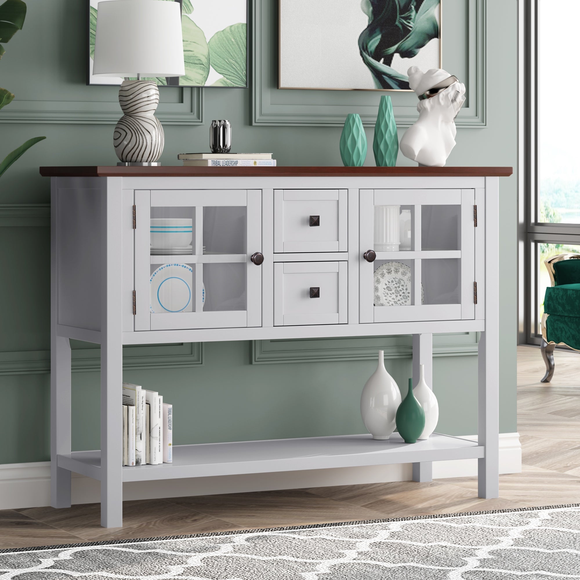 45'' Modern Console Table Sofa Table for Living Room with 2 Drawers, 2 Cabinets and 1 Shelf