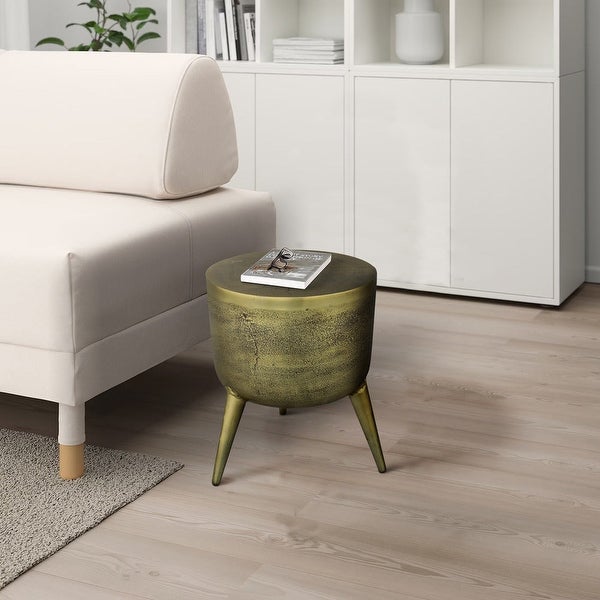 16 Inch Classic Vintage Round 3 Legs Decorative Aluminum Side End Table, Djembe Drum Shape, Antique - 13 L x 13 W x 16 H