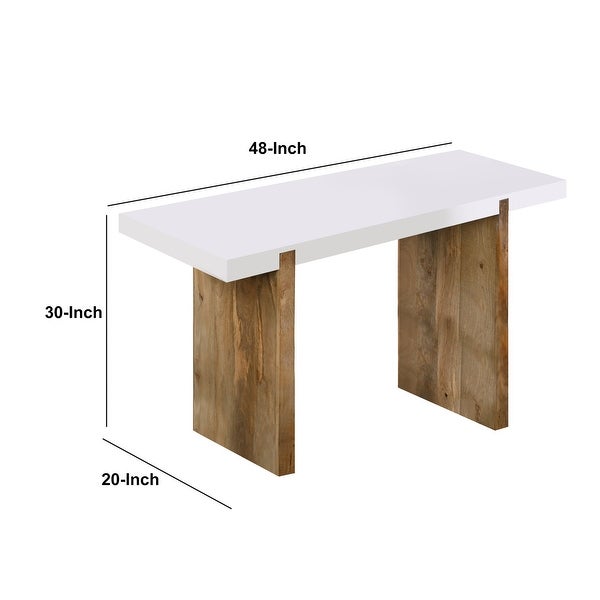 Kerry 48 Inch Rectangular Mango Wood Console Table, Sled Base, Glossy White, Natural Brown