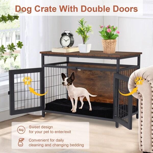 Dog Crate Furniture with Double Doors, Wooden Dog Crate, Indoor Dog Kennel w/ Metal Wire Mesh, Pet Crate End Table
