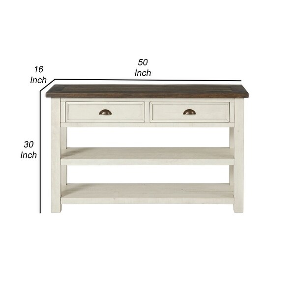 Fiya 50 Inch Coastal Sofa Console Table, 2 Drawers, 2 Shelves, Brown, White