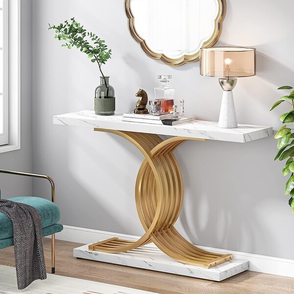Console Table, Faux Marble Hallway Table with Geometric Metal Legs - 11.81