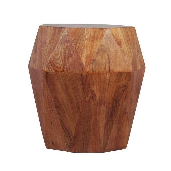 Bon 22 Inch Artisanal End Side Table, Multifaceted Solid Acacia Wood, Octagon Top, Warm Brown
