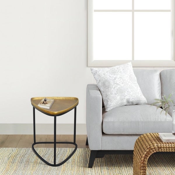 19 Inch Aluminum Side End Table, Iron Frame, Guitar Pick Shaped Top, Antique Brass, Black - 18.6 H x 14.7 W x 15.6 L I