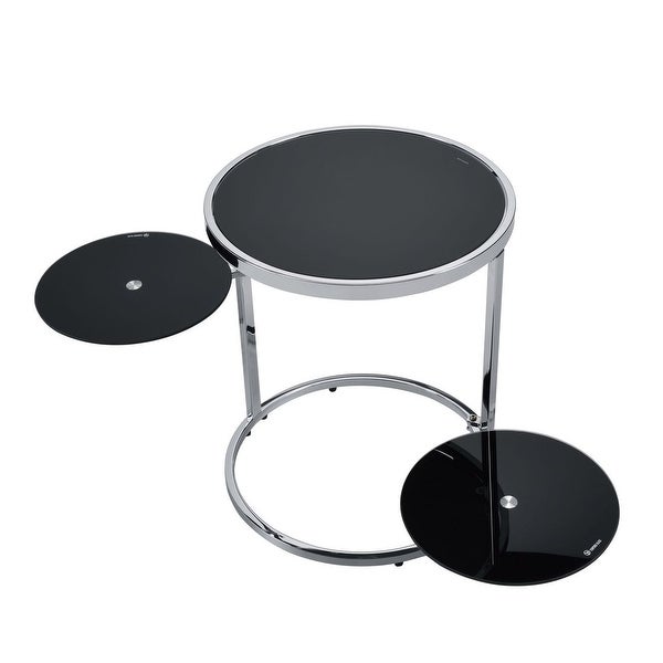Round Side Table 2 Swiel Tier Shelf Open Frame Tempered Glass Side Table, Black and Chrome Finish