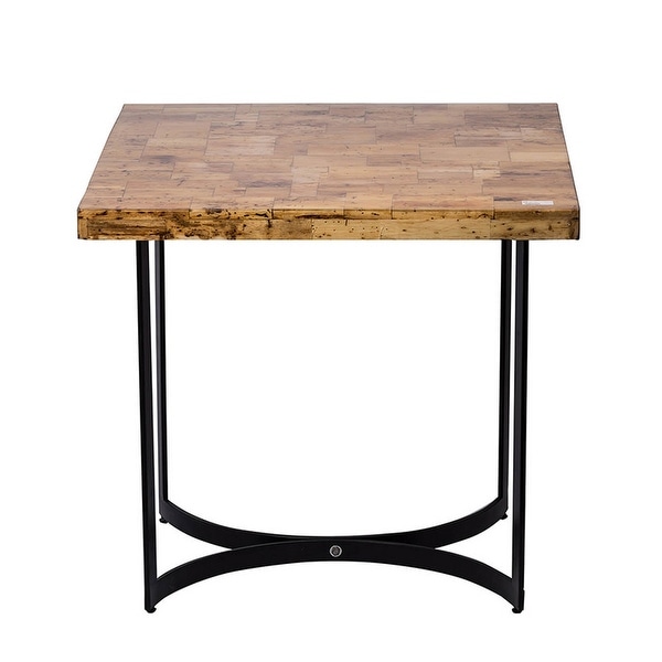 32 Inch Side End Table, Hardwood Square Top, Curved Iron Base, Brown, Black