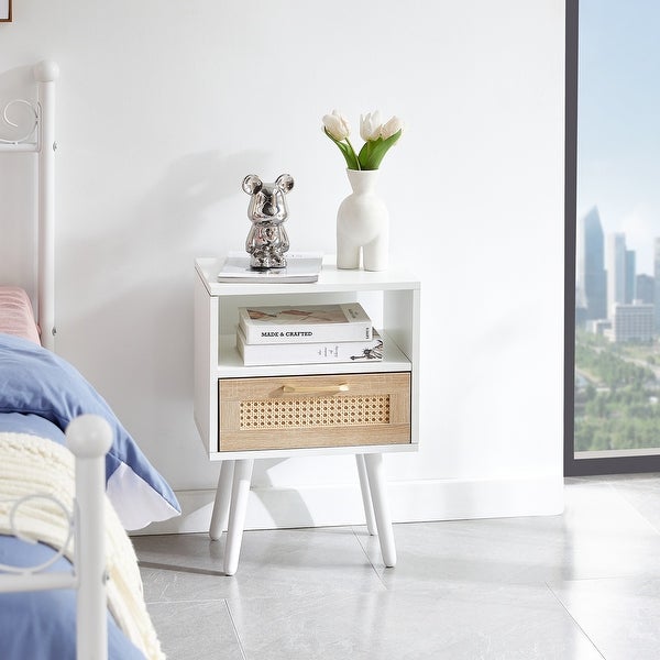Modern Rattan Side table/Nightstand with 1 Shelf,1 drawer and 4 Solid Wood Legs