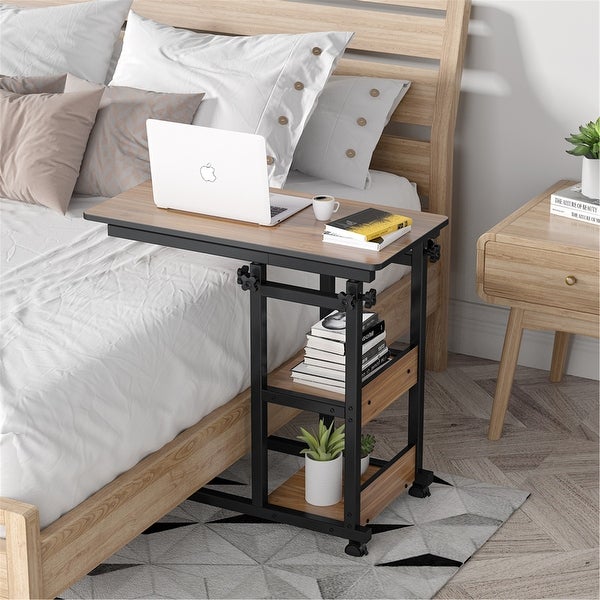 Height Adjustable C Table, Sofa Side Tables, Mobile End Table with Storage Shelves